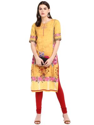 Mustard printed crepe long-kurtis 2
