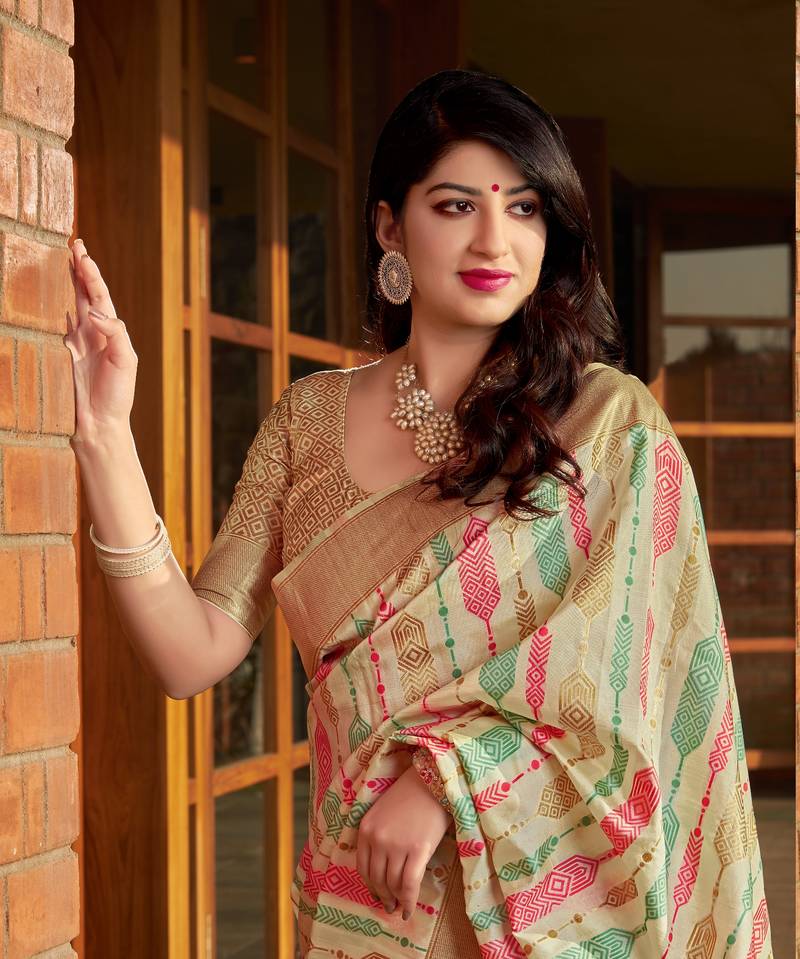 Cream woven art silk sarees saree with blouse Varni Fabrics 3103799