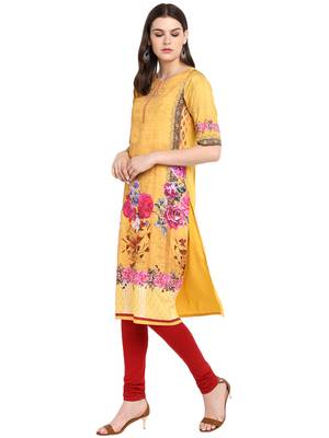 Mustard printed crepe long-kurtis 4