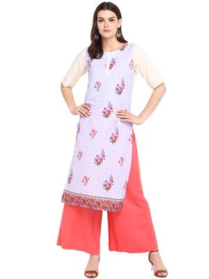 Cream printed crepe long-kurtis 1