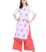 Cream printed crepe long-kurtis
