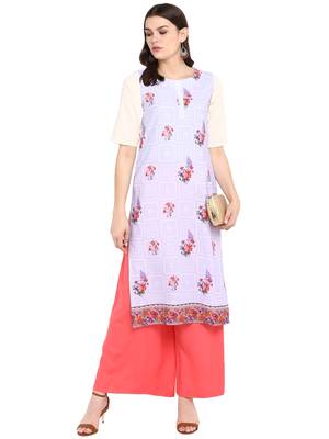 Cream printed crepe long-kurtis 2