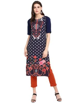 Dark-blue printed crepe long-kurtis 1