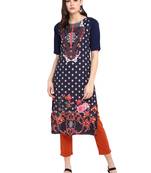 Dark-blue printed crepe long-kurtis