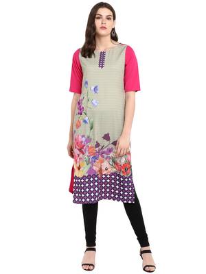 Dark-pink printed crepe long-kurtis 1