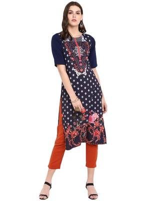 Dark-blue printed crepe long-kurtis 2
