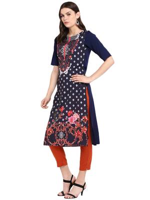 Dark-blue printed crepe long-kurtis 4