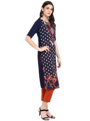 Dark-blue printed crepe long-kurtis 5
