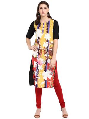 Yellow printed crepe long-kurtis 1