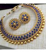 Golden Ball With Blue Stone Traditional Brass Necklace Jewellery Set With Earrings For Women Girls