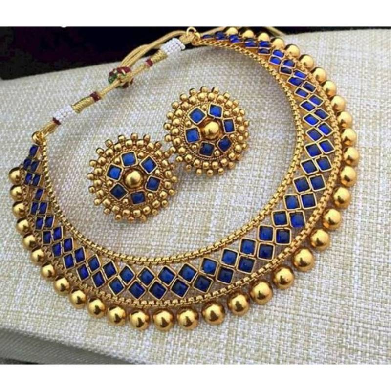 Golden Ball With Blue Stone Traditional Brass Necklace Jewellery Set With Earrings For Women Girls