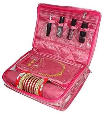 Atorakushon   Women's Satin Multipurpose Make-Up Pouch Necklace Cosmetic Jewellery Traveling Organizer (Pink) 4