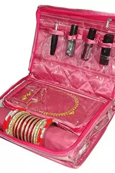 Atorakushon   Women's Satin Multipurpose Make-Up Pouch Necklace Cosmetic Jewellery Traveling Organizer (Pink)