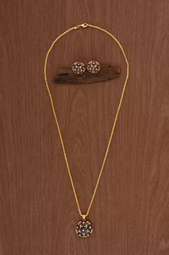 Blue stone pendant and earrings necklace MEDIUM length set one gram gold