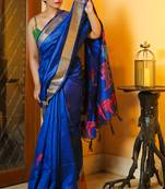 Dark blue woven chanderi silk saree with blouse