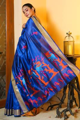 Dark blue woven chanderi silk saree with blouse 2