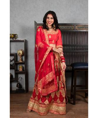 Red Embroidered Net Semi Stitched Lehenga With Dupatta 1