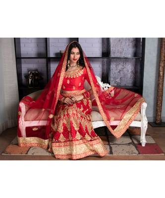 Red Embroidered Net Semi Stitched Lehenga With Dupatta 2