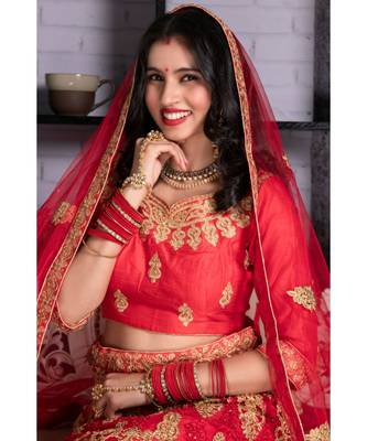 Red Embroidered Net Semi Stitched Lehenga With Dupatta 3