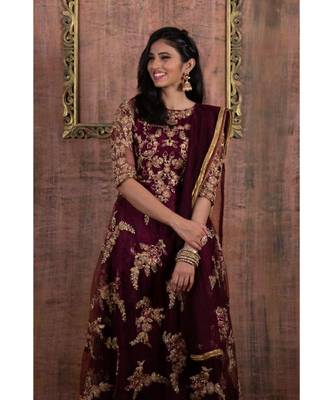 Purple Embroidered Net Semi Stitched Salwar With Dupatta 3