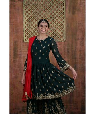 green embroidered faux georgette semi stitched salwar with dupatta 2