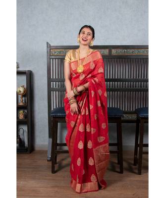 red woven linen saree with blouse 1