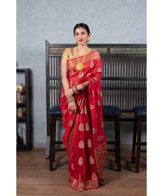 red woven linen saree with blouse 2
