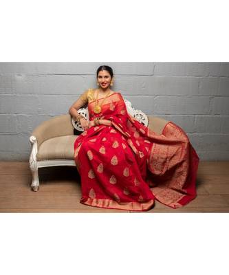 red woven linen saree with blouse 3