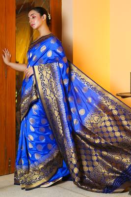 Blue woven silk blend saree with blouse 2