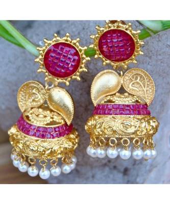 Carved Ruby Gold Jhumka Earrings 1