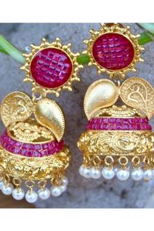 Carved Ruby Gold Jhumka Earrings