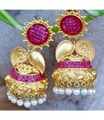 Carved Ruby Gold Jhumka Earrings