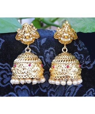 Lakshmi Engraved Ruby Jhumka Earrings 1