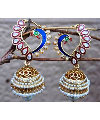 Golden Polki Diamond and Pearl Peacock Jhumka Earrings 1