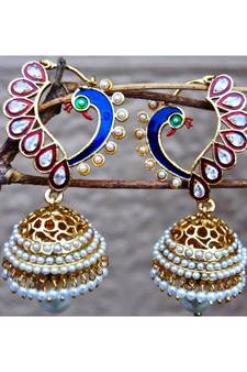Golden Polki Diamond and Pearl Peacock Jhumka Earrings