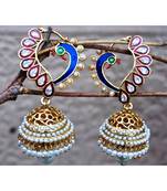 Golden Polki Diamond and Pearl Peacock Jhumka Earrings