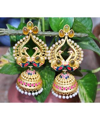 Golden Topaz Enamel Jhumka Earrings 1