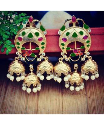 Green Red Triple Jhumki Gold Earrings 1