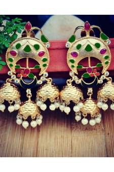 Green Red Triple Jhumki Gold Earrings