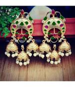 Green Red Triple Jhumki Gold Earrings