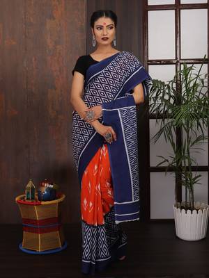 Blue-Orange printed Saree 1