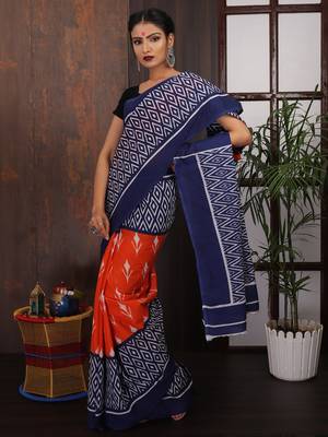 Blue-Orange printed Saree 2