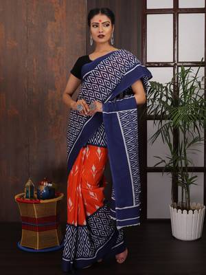 Blue-Orange printed Saree 3