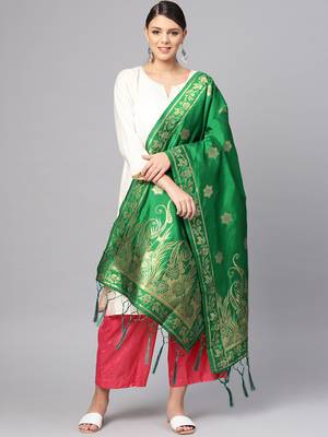 Women's Green Woven Banarasi Silk dupattas 1