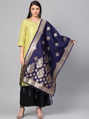 Women's Navy Blue Woven Banarasi Silk dupattas 1