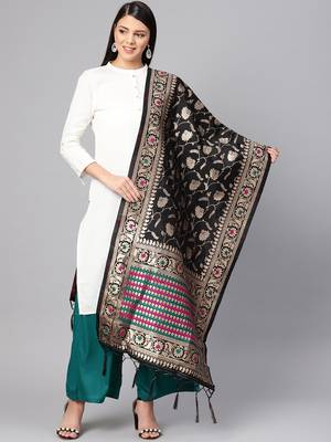 Women's Black Woven Banarasi Silk dupattas 1