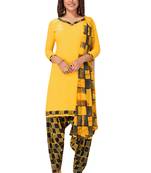 Women's Yellow & Navy Blue Synthetic Printed Unstitch Dress Material With Dupatta