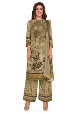 Women's Beige & Mehendi Synthetic Printed Unstitch Dress Material With Dupatta 1