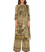 Women's Beige & Mehendi Synthetic Printed Unstitch Dress Material With Dupatta
