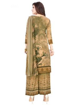 Women's Beige & Mehendi Synthetic Printed Unstitch Dress Material With Dupatta 2